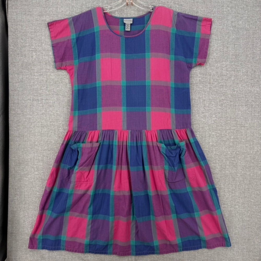 Vintage Laura Adams Plaid Dress Womens Medium Cotton Pockets Cottage Boho